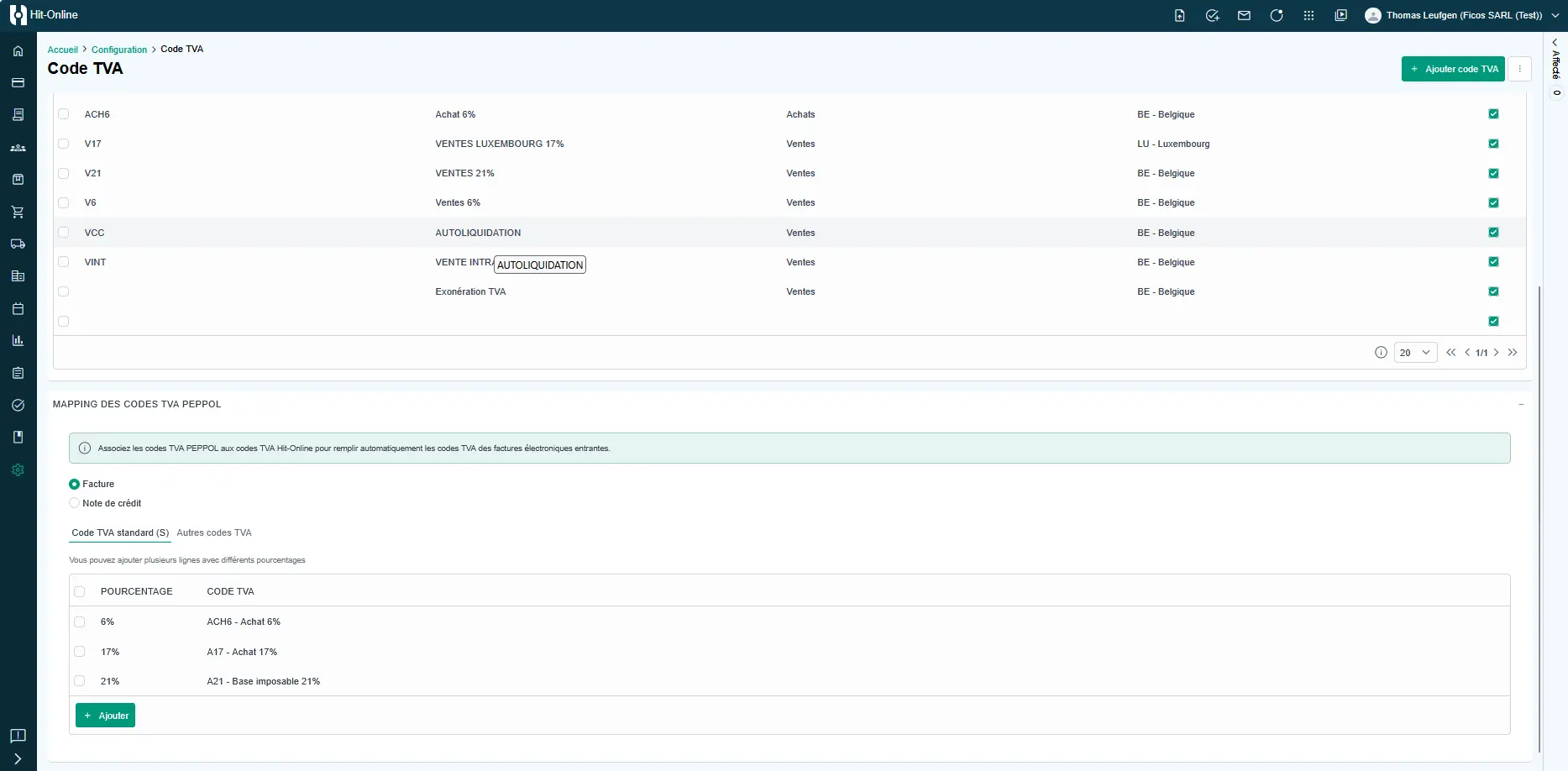 Configuration des codes TVA