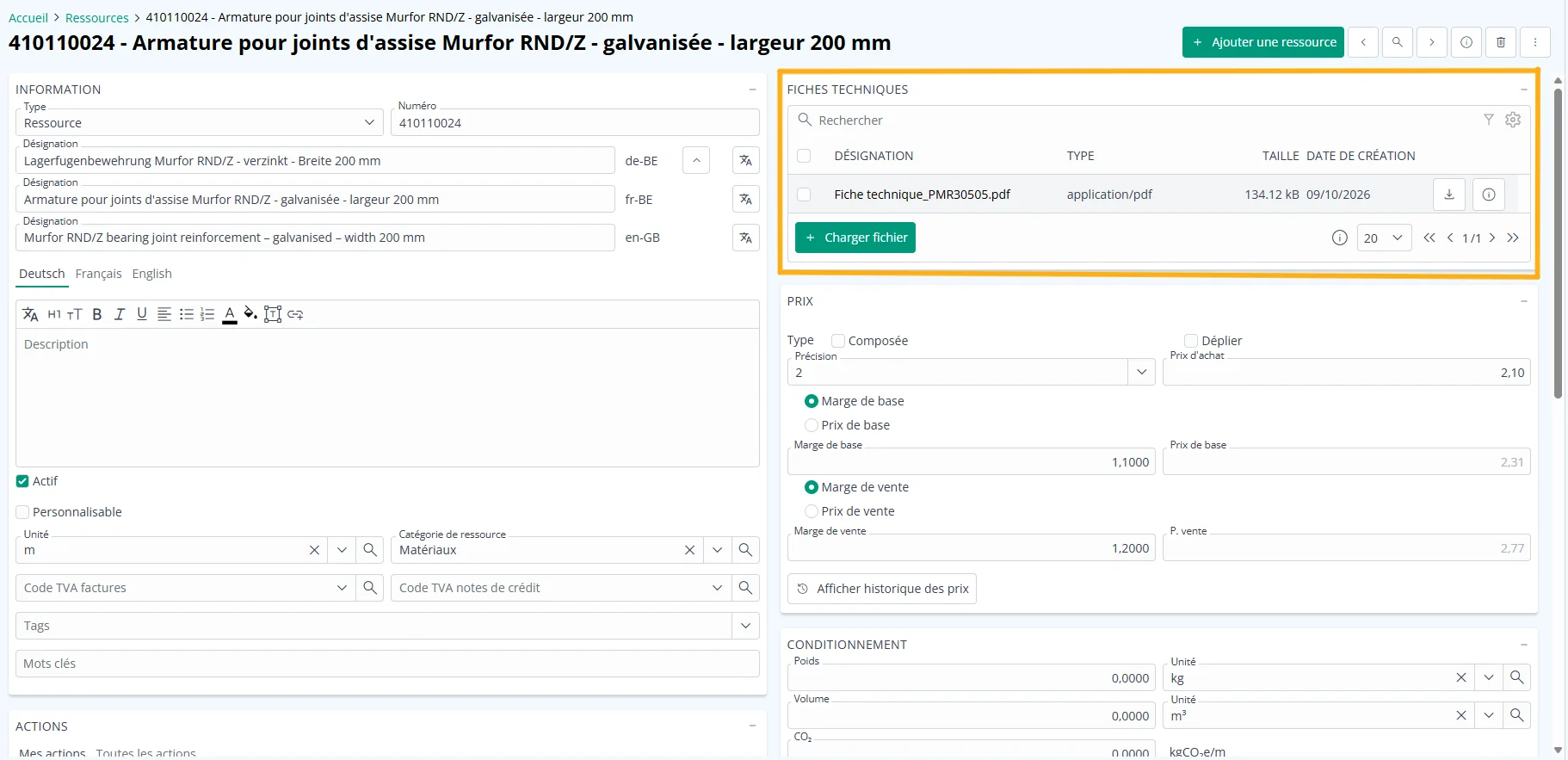 Fiche technique associée à une ressource de type matériel