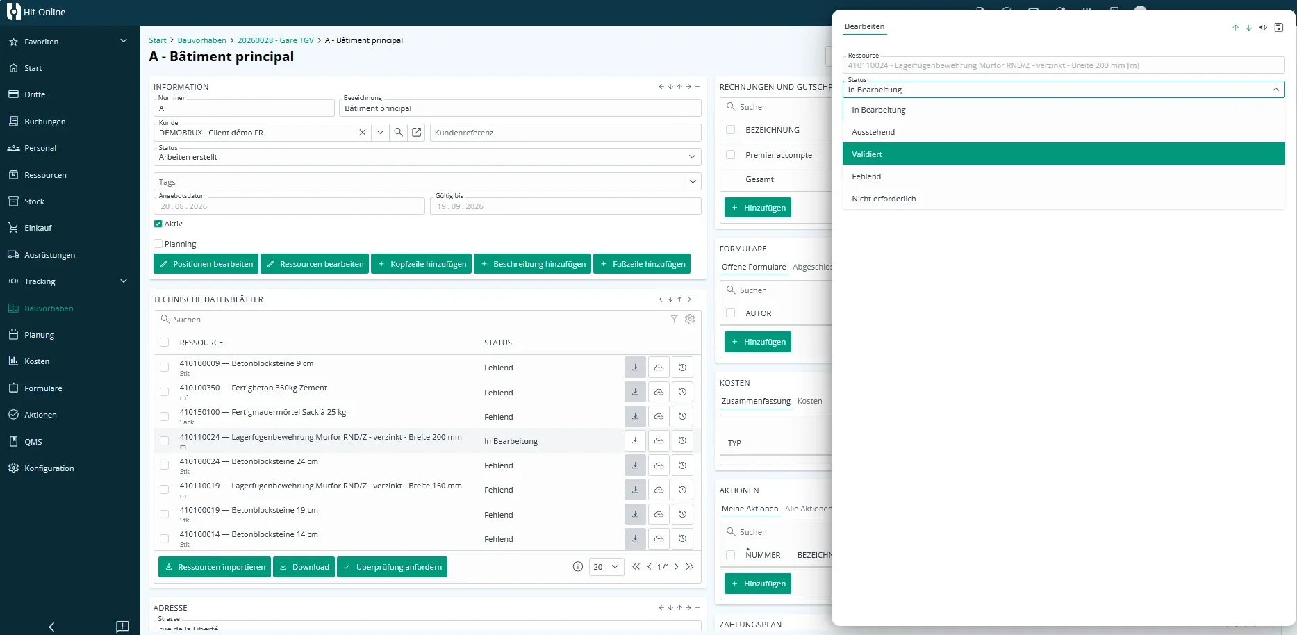 Technical data sheet in a project section with its approval status