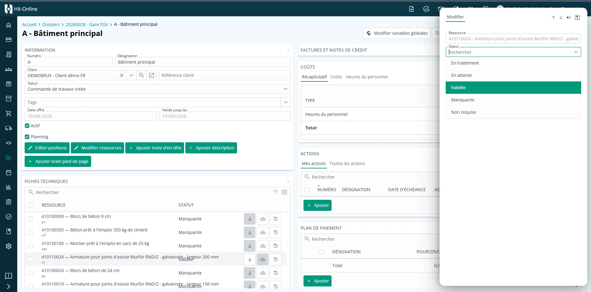 Fiche technique dans une partie de projet avec son statut de validation