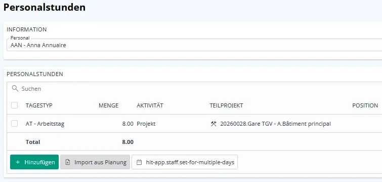 Importing personnel hours from the schedule