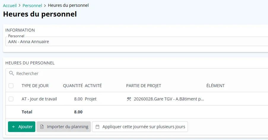 Import des heures du personnel depuis le planning