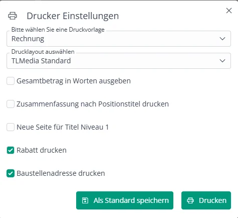 Druckkonfiguration: Rabatte und Baustellenadresse