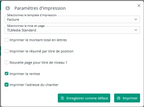 Configuration d’impression : rabais et adresse du chantier